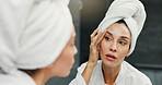 Skincare, health and woman in bathroom for natural, moisturizing and morning routine in home. Cosmetic, wellness and female person by mirror for facial dermatology treatment for clean in apartment.