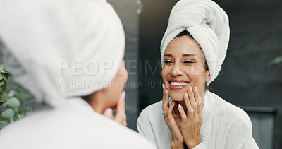 Buy stock photo Skincare, mirror and woman in bathroom for natural, moisturizing and morning routine in home. Cosmetic, wellness and female person by reflection for facial dermatology treatment for clean in house.