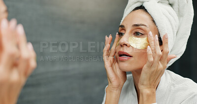 Buy stock photo Eye mask, mirror and skincare with woman in bathroom of home for antiaging cosmetics or wellness. Beauty, facial product and reflection with person in apartment for morning dermatology routine
