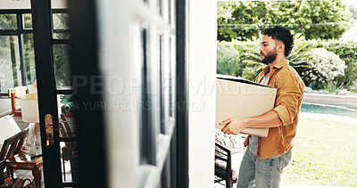 Buy stock photo New house, buyer and man with boxes, real estate and ownership of property with mortgage or outdoor. Milestone, moving and person with cardboard for relocation, investment and purchase with home loan