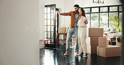 Buy stock photo Couple, moving and man with woman, real estate and ownership of property with mortgage and lounge. Planning, ideas and people with dream for renovation, vision and imagination for design of new house