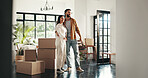 Property, smile and couple with boxes in new home for mortgage investment, moving in and relocation. Homeowner, happy people and pride for dream house, achievement or real estate success with support