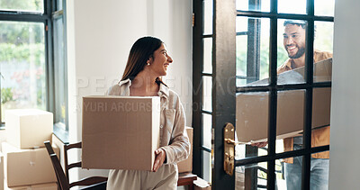 Buy stock photo New house, happy and couple with boxes, mortgage and ownership of property for real estate or lounge. Relocation, buyer and people with cardboard in living room, investment or purchase with home loan