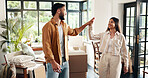 High five, homeowner and mortgage with couple in living room together for new start or property investment. Boxes, love or success with happy man and woman in apartment for growth or real estate