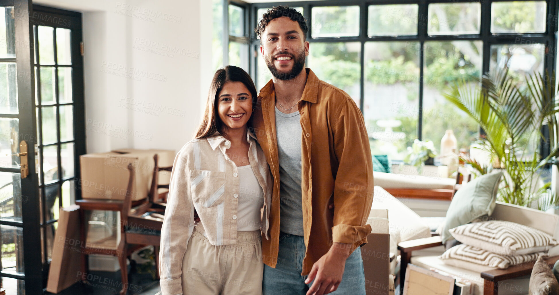 Buy stock photo Real estate, happy and couple with portrait in new home for property investment, moving or relocation. Homeowner, people and fresh start with dream house, achievement or mortgage success with support