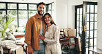 Property, happy and couple with portrait in new house for mortgage investment, fresh start and moving in. Homeowner, people and pride for dream home, achievement and real estate success with support