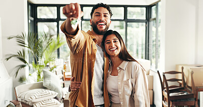 Buy stock photo Key, happy and portrait of couple in new home with pride for property investment or real estate. Smile, confident and people from India with ownership for house with goal for buying apartment.