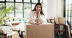 Portrait, smile and woman with box at new house for moving process, proud and investment as homeowner. Person, pride and cardboard for unpacking, furniture renovation and package for relocation decor