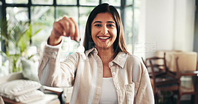 Buy stock photo Key, happy and portrait of woman in new home with pride for property investment or real estate. Smile, confident and female person from India with ownership for house with goal for buying apartment.