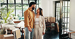 Hug, mortgage and new home with couple in living room together for fresh start or property investment. Boxes, love or smile with happy man and woman in apartment for bonding, growth or real estate