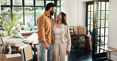Buy stock photo Hug, mortgage and new home with couple in living room together for fresh start or property investment. Boxes, love or smile with happy man and woman in apartment for bonding, growth or real estate