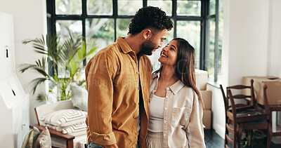 Buy stock photo Homeowner, hug and mortgage with couple in living room of new home together for property investment. Boxes, love or smile with man and woman embracing in apartment for bonding, growth or real estate