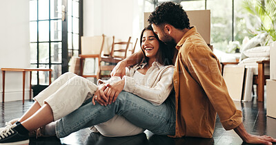 Buy stock photo Hug, mortgage and new home with couple on floor of living room together for property investment. Boxes, relax or smile with man and woman bonding in apartment for growth, love or real estate