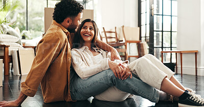 Buy stock photo Hug, love and new home with couple in living room together for mortgage or property investment. Beginning, boxes or smile with happy man and woman in apartment for bonding, growth or real estate