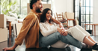 Buy stock photo Hug, mortgage and thinking with couple in living room of new home together for property investment. Boxes, love or smile with happy man and woman in apartment for growth, planning or real estate