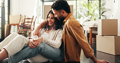 Buy stock photo Hug, mortgage and smile with couple in living room of new home together for property investment. Boxes, love or milestone with happy man and woman in apartment for bonding, growth or real estate