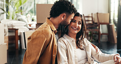 Buy stock photo Boxes, mortgage and property with couple in living room of new home together for growth or investment. Hug, love or smile with happy man and woman in apartment for bonding, milestone or real estate