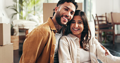 Buy stock photo Hug, mortgage and portrait of couple in living room of new home together for milestone or property investment. Boxes, love or smile with man and woman in apartment for bonding, growth or real estate