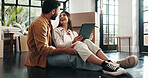 Tablet, laughing and couple in new home with planning for renovation. development or moving. Cardboard boxes, real estate and man with woman on digital technology for online order in apartment.