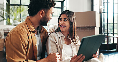 Buy stock photo Mortgage, smile and tablet with couple in new home together for planning or property investment. Boxes, development or love with man and woman in apartment living room for real estate or renovation