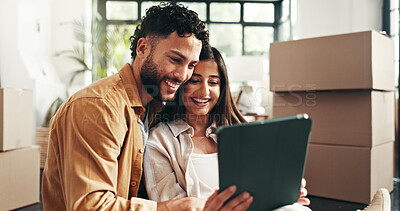 Buy stock photo Boxes, mortgage and tablet with couple in living room of new home together for property investment. Planning, renovation or smile of man and woman in apartment for bonding, growth or real estate