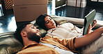 Couple, talk and floor on tablet in new home for relocation, interior design and online shopping. People, planning and discussion for digital app, furniture search and decision for renovation process