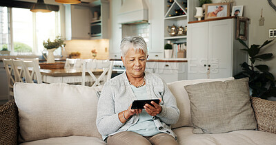 Buy stock photo Senior woman, relax and phone at house for communication, streaming movie and reading ebook. Elderly person, mobile and search website for film subscription, online games and retirement entertainment