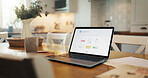 Home, screen and laptop with online order for medicine, ecommerce and user experience. Empty, computer and telehealth with service for pharmaceuticals,  website for options and stock for supplements