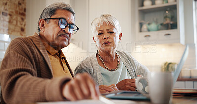 Buy stock photo Laptop, finance and senior couple in home for budget, pension and mortgage payment. Retirement, taxes and man and woman with paperwork for life insurance, investment and bills for online banking