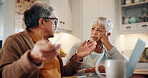 Home, old couple and problem with laptop for budget, financial crisis and discussion for bank mortgage. Senior people, woman and man with conversation for inflation cost, debt confession and bills
