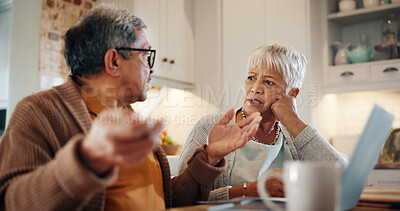 Buy stock photo Home, old couple and problem with laptop for budget, financial crisis and discussion for bank mortgage. Senior people, woman and man with conversation for inflation cost, debt confession and bills