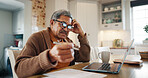Thinking, laptop and elderly man with documents in home for asset management, retirement fund policy and taxes. Financial planning, person and reading paperwork for savings account or debt assessment