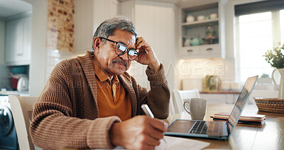 Buy stock photo Thinking, laptop and elderly man with paperwork in home for asset management, retirement fund policy and loan contract. Financial planning, person and documents for bills payment and debt assessment