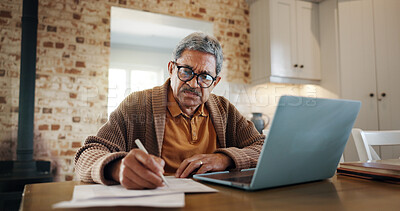 Buy stock photo Budget, laptop and senior man with documents in home for asset management, life insurance application or taxes. Financial planning, person and writing on paperwork for retirement funds or investment