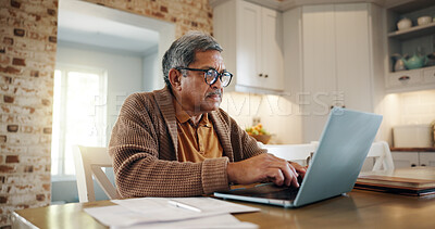 Buy stock photo Budget, senior man and typing on laptop in home for asset management, pension funds application or loan contract. Financial planning, elderly person and documents for retirement savings or investment