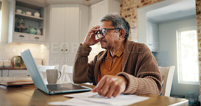 Buy stock photo Stress, laptop and senior man with documents in home for asset management, finance crisis or pension fund mistake. Financial planning, person and thinking of retirement investment and mortgage debt
