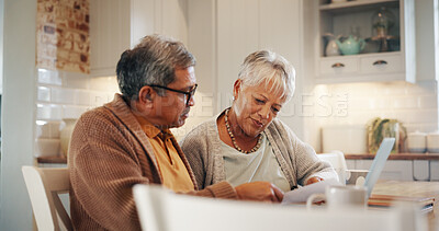 Buy stock photo Laptop, documents and senior couple in home for budget, finance and mortgage payment. Retirement, taxes and man and woman with paperwork for life insurance, investment and bills for online banking