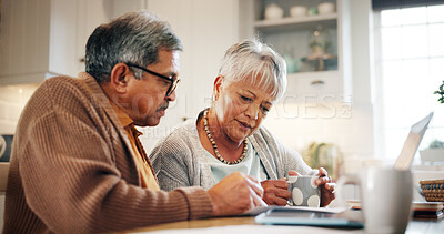 Buy stock photo Laptop, finance and senior couple in home for budget, taxes and mortgage payment. Retirement, marriage and man and woman with paperwork for life insurance, investment and bills for online banking