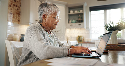 Buy stock photo Budget, senior woman or typing on laptop in home for asset management, pension funds application or contract. Financial planning, elderly person or documents for retirement wealth or finance savings