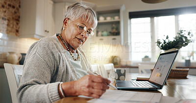 Buy stock photo Budget, laptop and senior woman with documents in home for asset management, life insurance application or taxes. Financial planning, person or writing on paperwork for retirement funds or investment