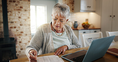 Buy stock photo Budget, laptop and senior woman with paperwork in home for asset management, bills payment or mortgage account. Financial planning, person and writing on documents for retirement funds and investment