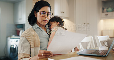 Buy stock photo Woman, reading document and child at house for multitasking, budget and bank loan. Busy person, laptop and sleeping baby with finance paperwork, bills payment and account invoice for mortgage balance