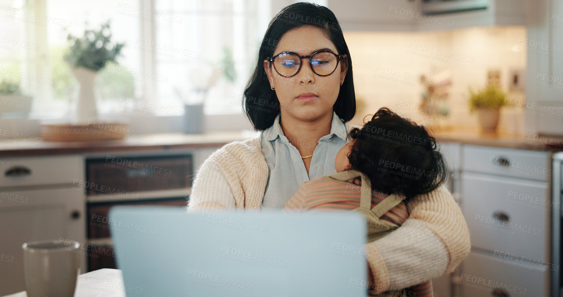 Buy stock photo Woman, laptop and sleeping baby at house with multitasking, email feedback and productivity. Busy, female person and glasses with tired child for online research, schedule update and project deadline