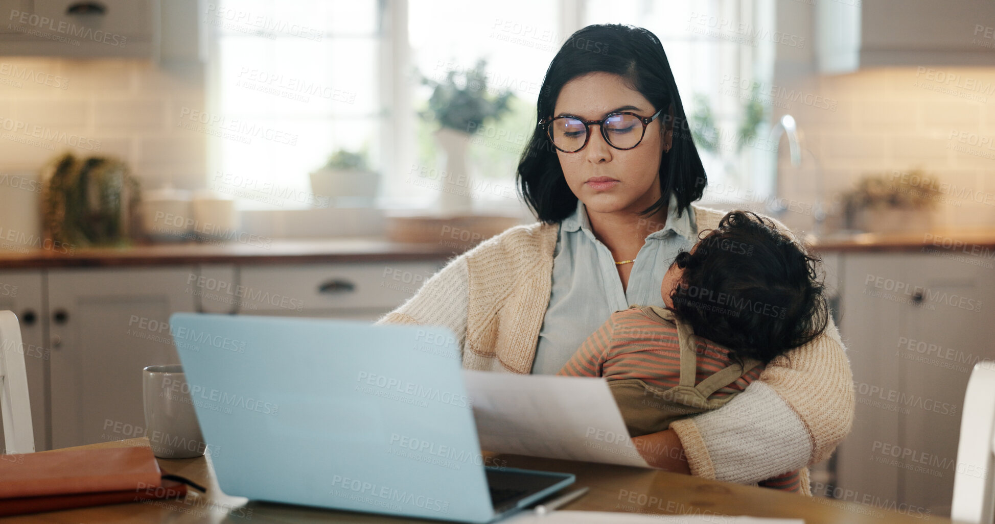 Buy stock photo Woman, document and laptop with baby at house for multitasking, budget and bank loan. Busy person, tired child and online with finance paperwork, bills payment and account invoice for mortgage report