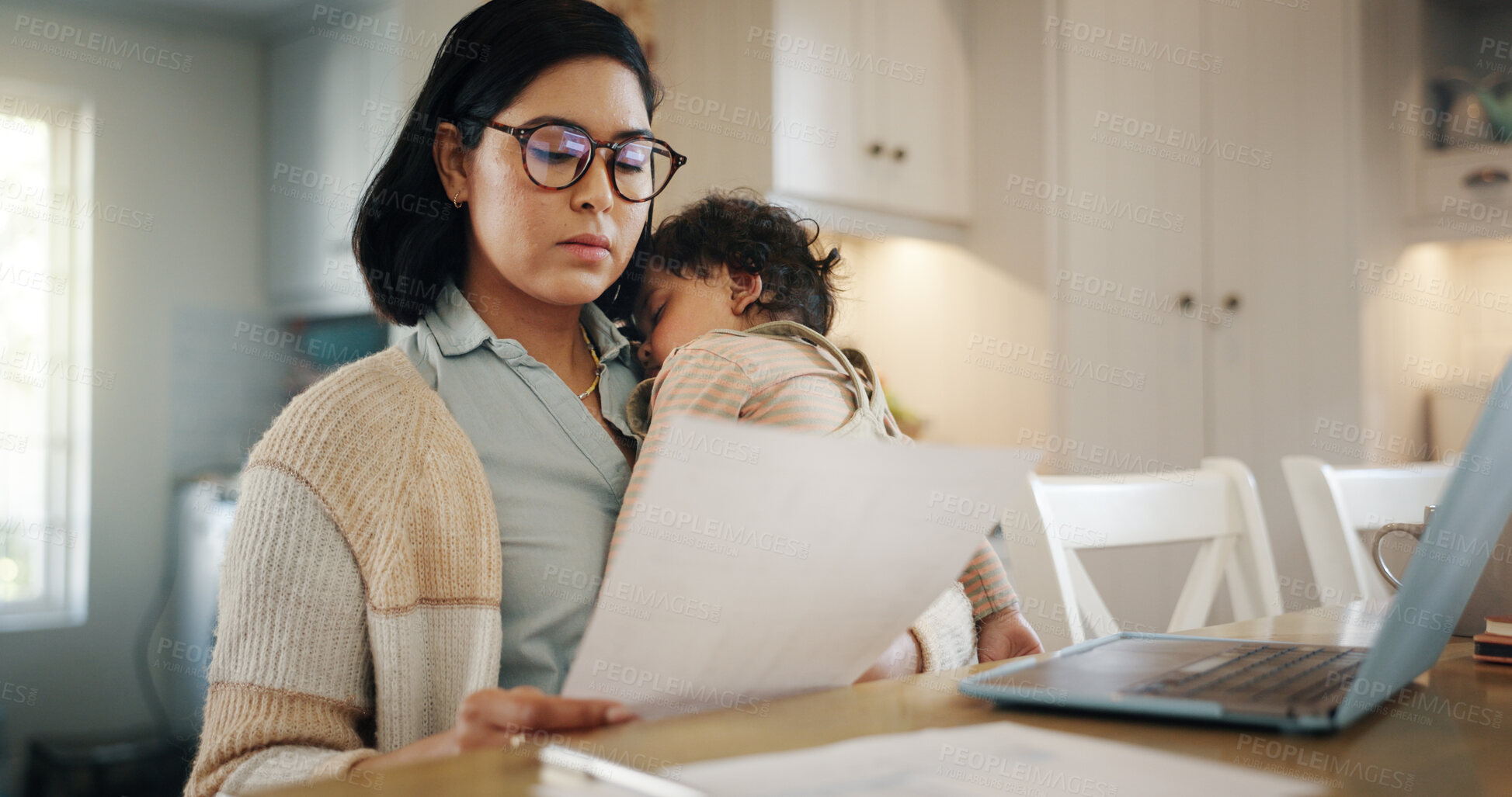 Buy stock photo Woman, reading document and baby at house for multitasking, budget and bank loan. Busy, person and laptop with child sleep for finance paperwork, bills payment and account invoice of mortgage balance