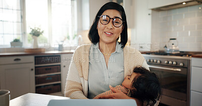 Buy stock photo Multitask, portrait of mother and video call with baby in kitchen of home for childcare or remote work. Busy, POV and single parent with child in apartment for training, virtual meeting or webinar