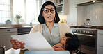 Documents, portrait of mother and video call with baby in kitchen of home for childcare or remote work. Busy, multitask and single parent with child in apartment for virtual meeting or webinar