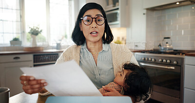 Buy stock photo Documents, portrait of mother and video call with baby in kitchen of home for childcare or remote work. Busy pov, multitask and single parent with child in apartment for virtual meeting or webinar