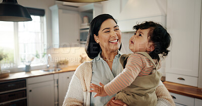 Buy stock photo Home, hug and mother laughing with baby, smile and care for bonding together with love, parent or happiness. Relax, apartment or mom with growth, joy or infant with development, family or kid for fun