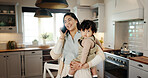 Kitchen, baby and mother with phone call for communication, chatting and talking with contact. Home, child and woman with mobile for conversation, gossip and mom with boy for carrying in apartment